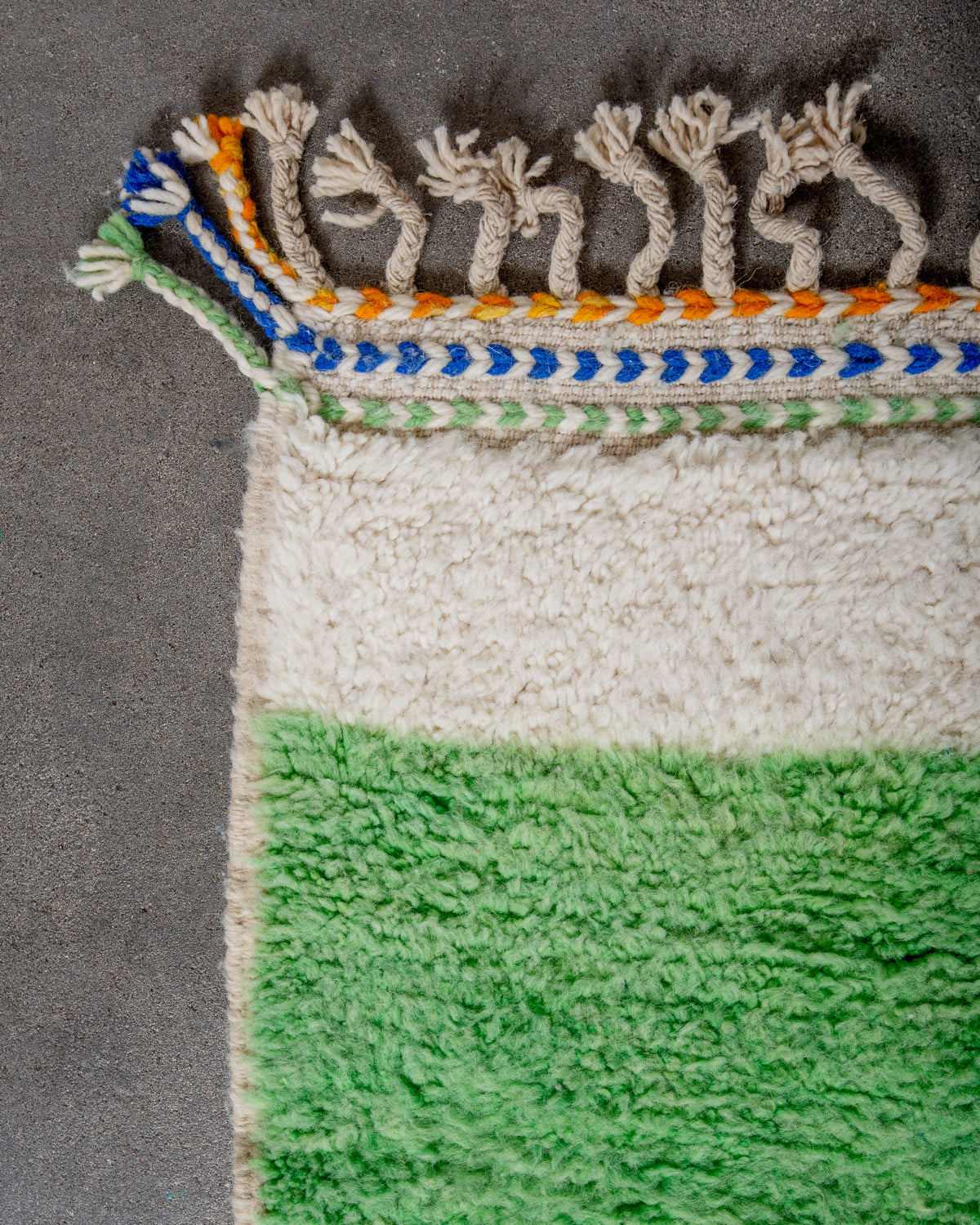 Modern, designer, handcrafted Berber rug from Morocco. Beniourain carpet with beautiful colours and patterns and fluffy wool texture.